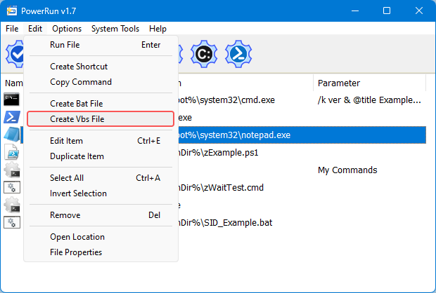 PowerRun create vbs or bat